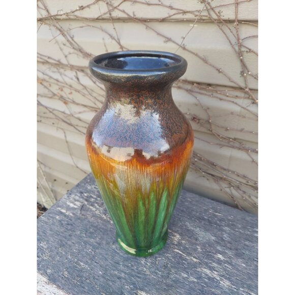 Handmade Hosley TM Potteries Green & Brown Gradient Glazed Ceramic Vase 14 3/4" - Picture 2 of 5